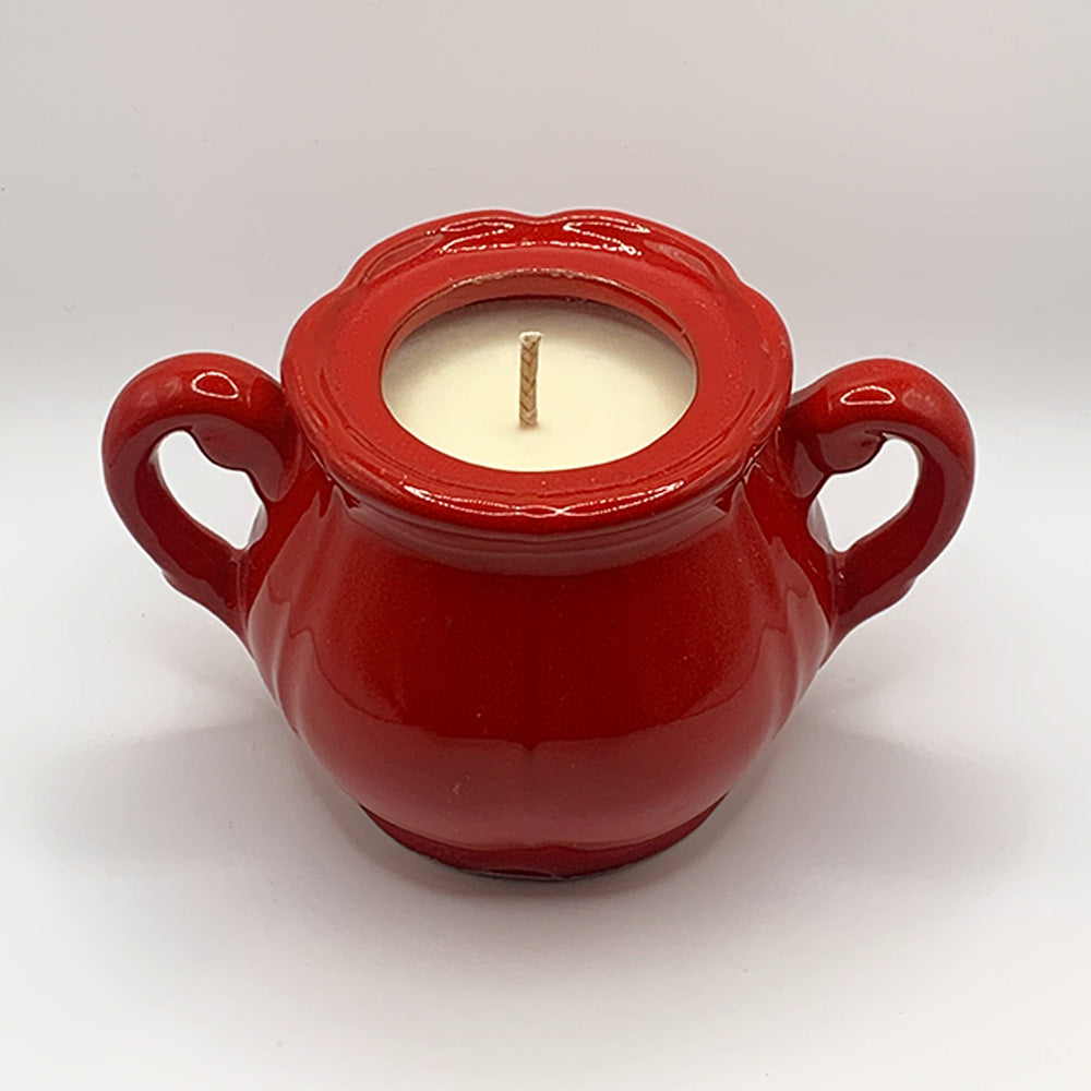 Red Scalloped Cauldron Ceramic Cup with Handles - Spiced Apple Chai Candle
