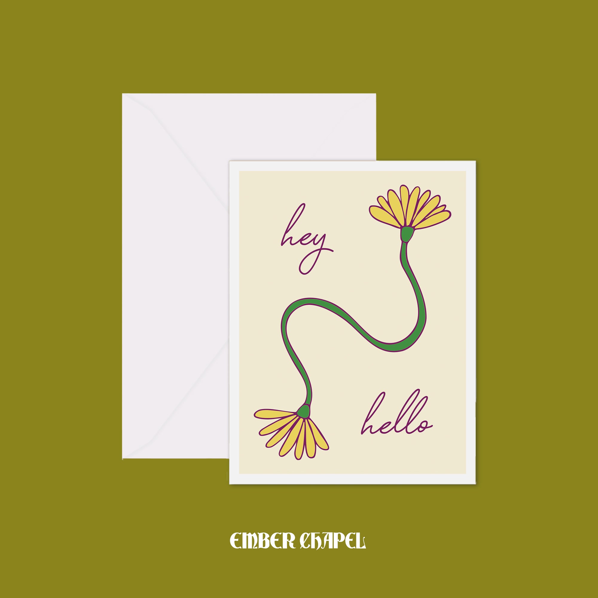 "Hey Hello" Yellow Flower Vine Greeting Card | A2 Folded Card with Envelope