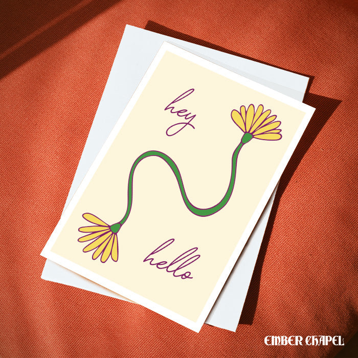 "Hey Hello" Yellow Flower Vine Greeting Card | A2 Folded Card with Envelope