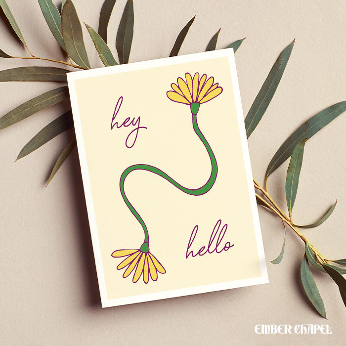 "Hey Hello" Yellow Flower Vine Greeting Card | A2 Folded Card with Envelope