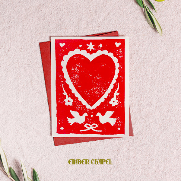 Linocut Heart Greeting Card | A2 Folded Card with Envelope