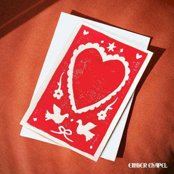 Linocut Heart Greeting Card | A2 Folded Card with Envelope