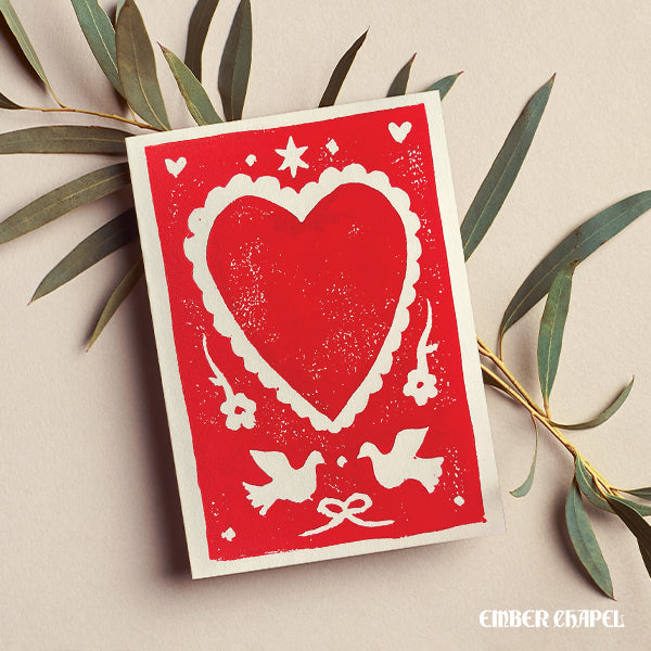 Linocut Heart Greeting Card | A2 Folded Card with Envelope