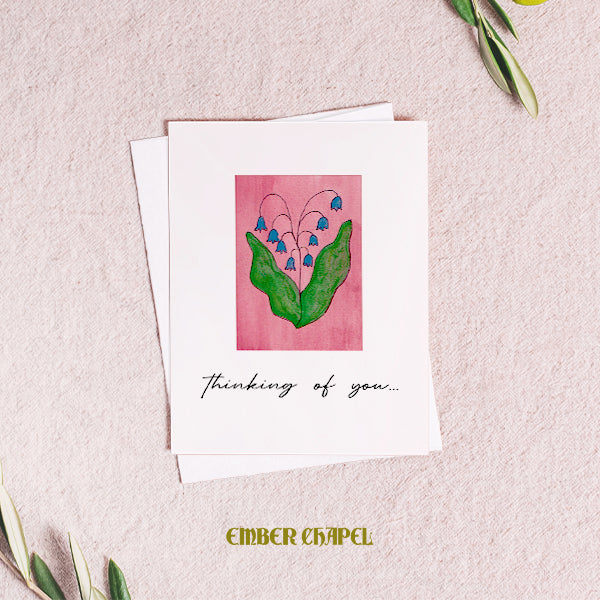 "Thinking of You" Watercolor Blue Flowers Greeting Card | A2 Folded Card with Envelope
